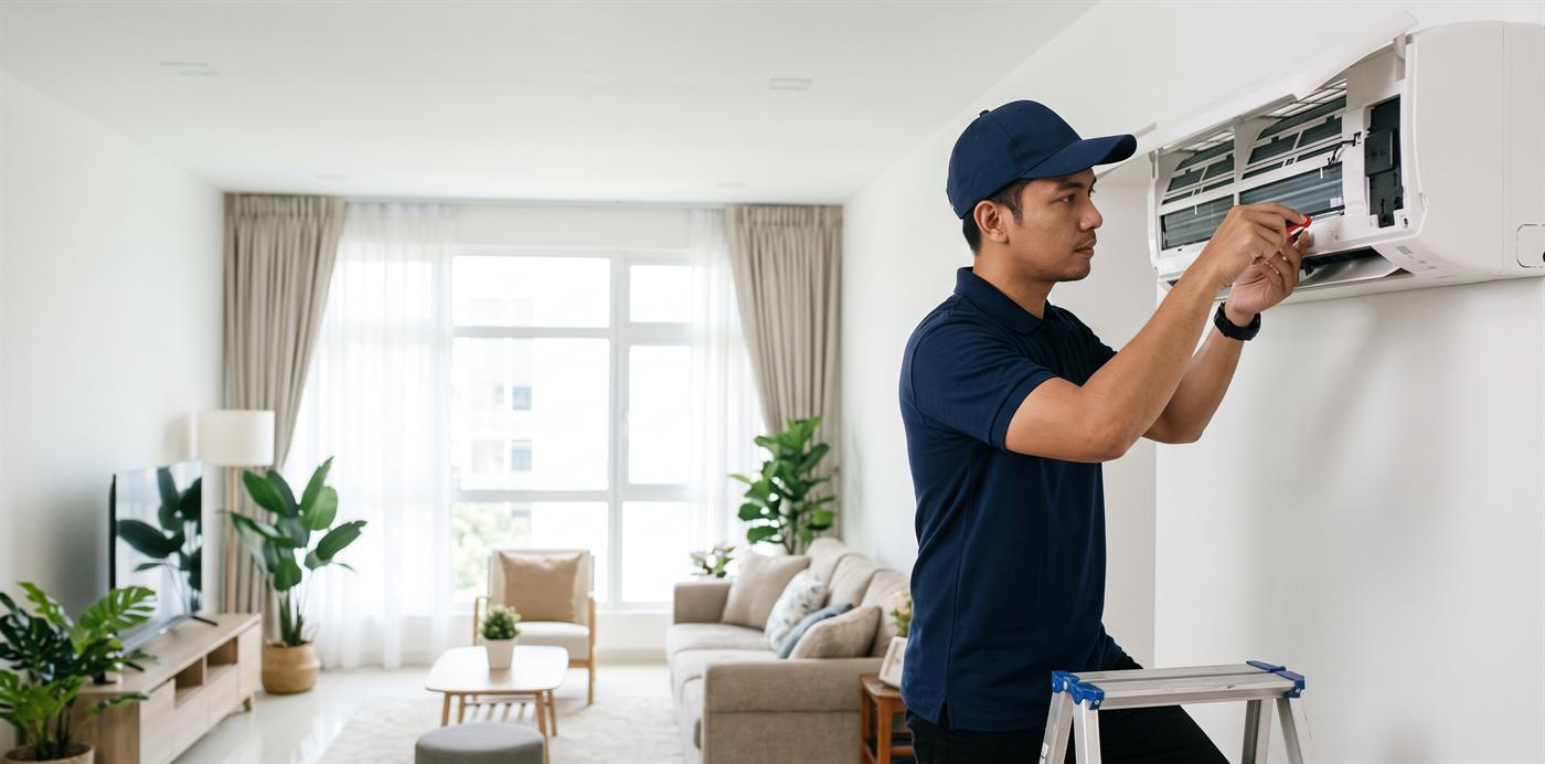 Geng Aircond Enterprise technician servicing an indoor air conditioner unit
